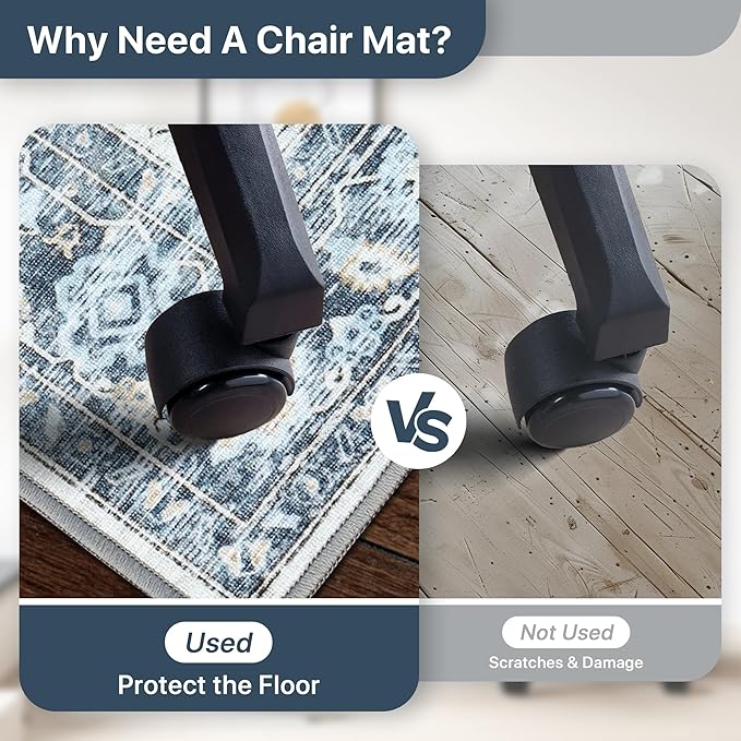 30"x48" Office Chair Mat for Hardwood Tile Floor, Under Desk Carpet Protector for Rolling Computer Chair Mat, Machine Washable Area Rug, Anti-Slip 1/5" Thick Low Pile Thin Vinyl Floor Mat, Blue