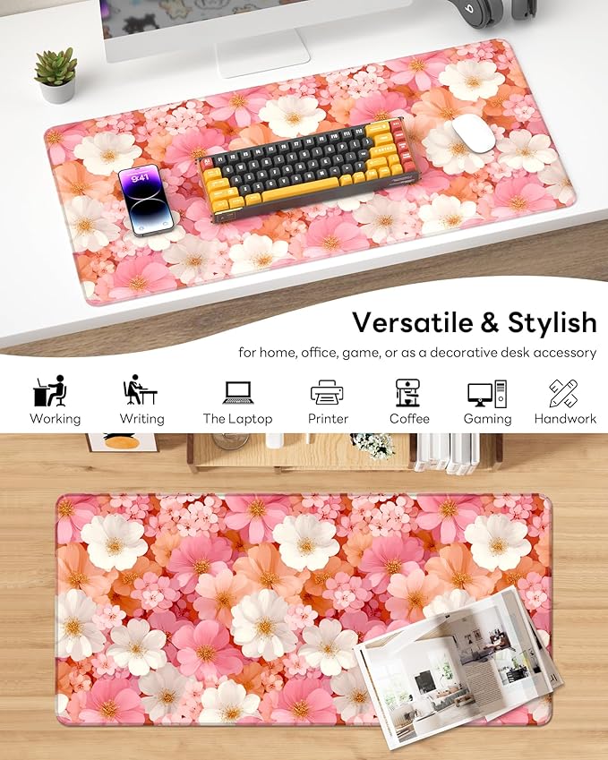 XL Gaming Mouse Pad, 31.5x15.7'' Large Desk Mat with Anti-Slip Rubber Base & Stitched Edges for Gaming, Office, Home, Floral
