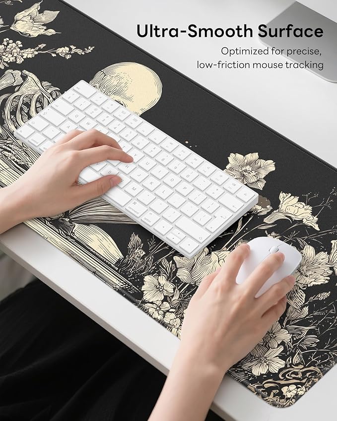 Skull Mouse Pad, 31.5 x 11.8 Large Desk Mat with Stitched Edges & Non-Slip Base, Mousepad for Office, Home, Work, White Skull