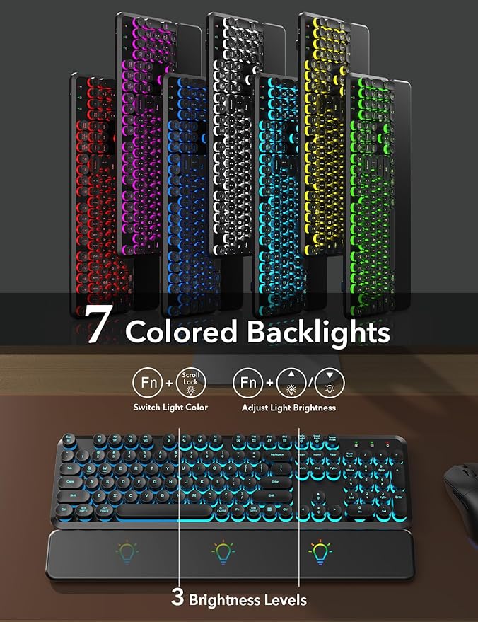 Wireless Keyboard and Mouse Backlit - Typewriter Keyboard with Magnetic Wrist Rest, Retro Round Keycaps, Light Up Letters, 2.4GHz Cordless Combo for Mac, Windows, PC, Laptop, Trueque CK24 [Upgraded]