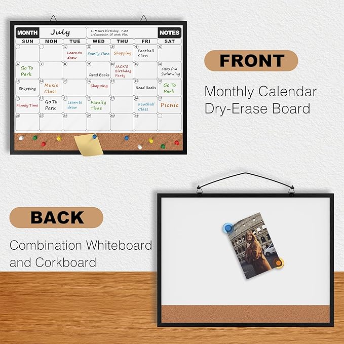 Monthly Calendar Dry Erase Board 16x12 Inch, Double-Sided Whiteboard and Corkboard Combo with Black Aluminum Frame, Wall Mounted Planner Organizer with Markers, Magnets, Push Pins, Eraser