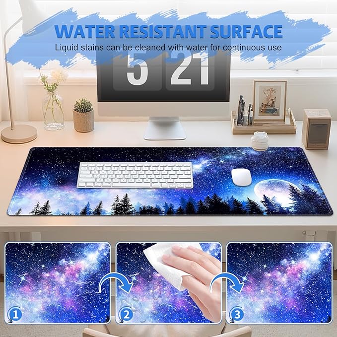 Mouse Pad, Cute Cool XXL Large Desk Mat for Desk Cover, Anti-Slip Big Mousepad with Stitched Edges, Keyboard Mat for Computer Desktop Table Protector I Galaxy Moon Pines