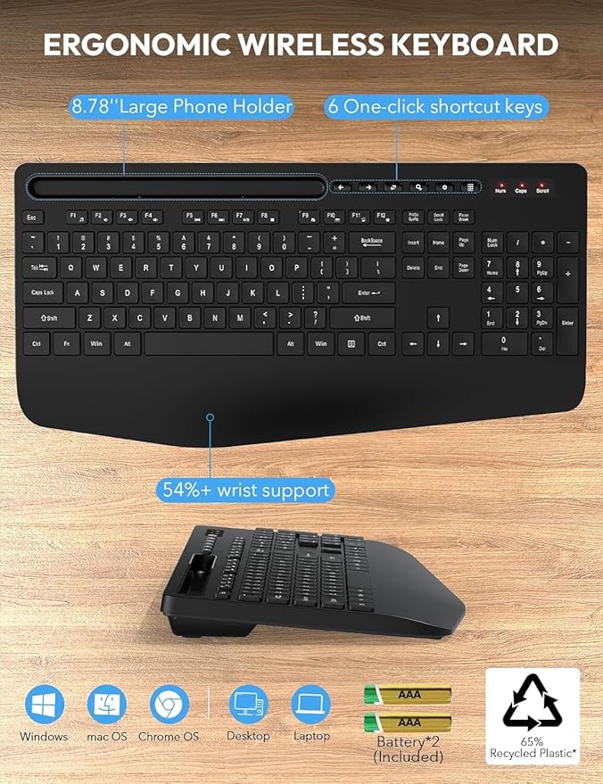 Wireless Keyboard and Mouse Combo - Full Size Ergonomic Wrist Rest, Silent Typing, Phone Holder, 2.4 GHz, 3 Level DPI, Batteries Powered, KM23D Set Compatible with PC, Laptop, Windows, macOS -SABLUTE