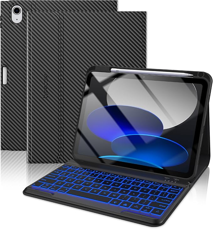 typecase Folio Keyboard Case for iPad 10th Gen 10.9 inch (2022) and iPad 11th (A16, 2025), Magnetic Wireless Detachable Keyboard, 7-Color Backlight, Thin & Light, Pencil Holder – Carbon Fiber