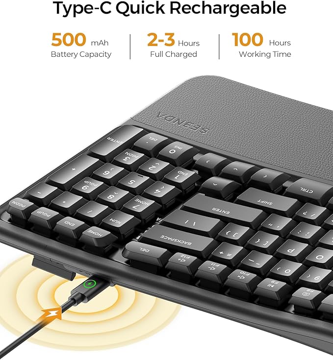 seenda Bluetooth Ergonomic Keyboard, COE311 Wireless Keyboard with 3 Multi-Device Connectivity, Rechargeable, Wave Keys, Soft Wrist Rest, Compatible for Windows/macOS/PC/Laptop/MacBook/iPad - Black