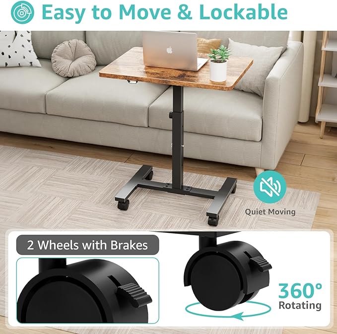 Small Portable Standing Rolling Desk - 24 Inch Mobile Stand Up Desk Adjustable Height on Wheels for Small Spaces, Couch Kids Laptop Desks End Side Table, Teacher Podium for Classroom, Rustic Brown