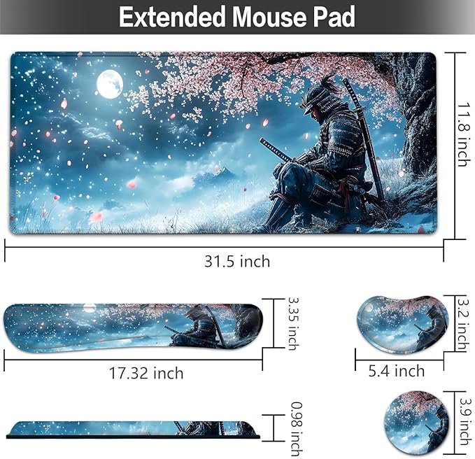 Large Mouse pad and Keyboard Support Set, Ergonomic Memory Foam Keyboard Wrist Rest, Extended Gaming Mouse Pad with Stitched Edges, Samurai and Moon XXL Desk Mat (31.5 X 11.8 in)