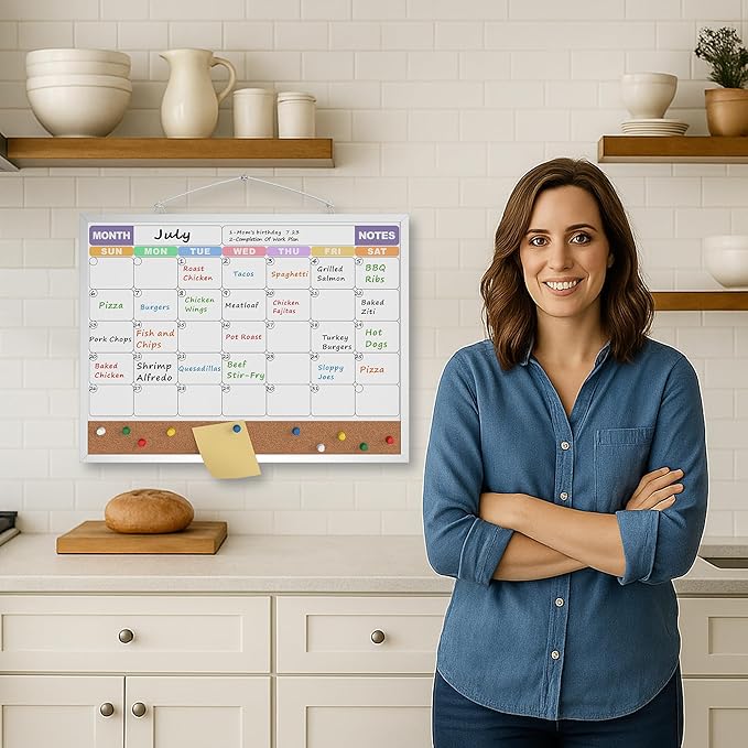 Monthly Calendar Dry Erase Board 16x12 Inch, Double-Sided Whiteboard and Corkboard Combo with Silver Aluminum Frame (Color Calendar), Wall Mounted Planner with Marker, Magnet, Push Pin, Eraser