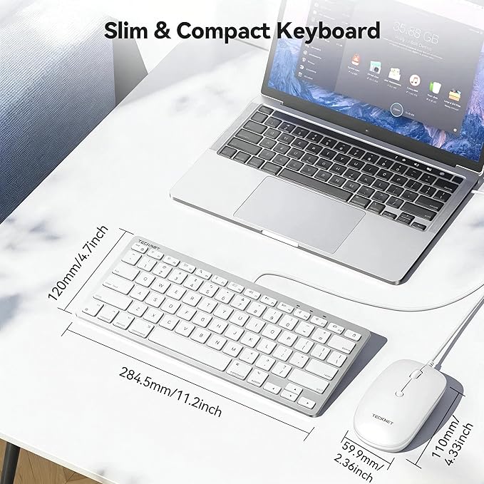 TECKNET USB Wired Keyboard and Mouse Compatible with Mac, Dual Interface(Type-C and USB A), Ergonomic Slim Keyboard Set for PC/Laptop, Compatible with MacBook, iMac, Mac mini/Pro, White