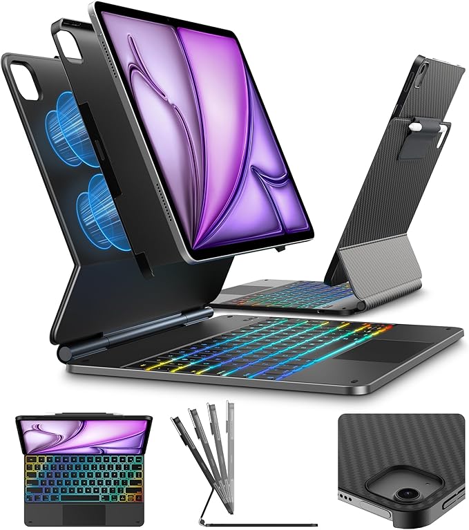 typecase Edge+ Keyboard Case for iPad Air 13"(M4/M3/M2, 2026/2025/2024) & iPad Pro 12.9"(3/4/5/6th Gen),Ultra-Slim Detachable Case,Portrait &Typing Modes,11-Color Backlight,Magnetic Stand,Carbon Fiber