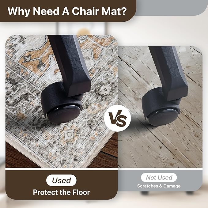 36"x60" Office Chair Mat for Hardwood Tile Floor, Under Desk Carpet Protector for Rolling Computer Chair Mat, Machine Washable Area Rug, Anti-Slip 1/5" Thick Low Pile Thin Vinyl Floor Mat, Taupe