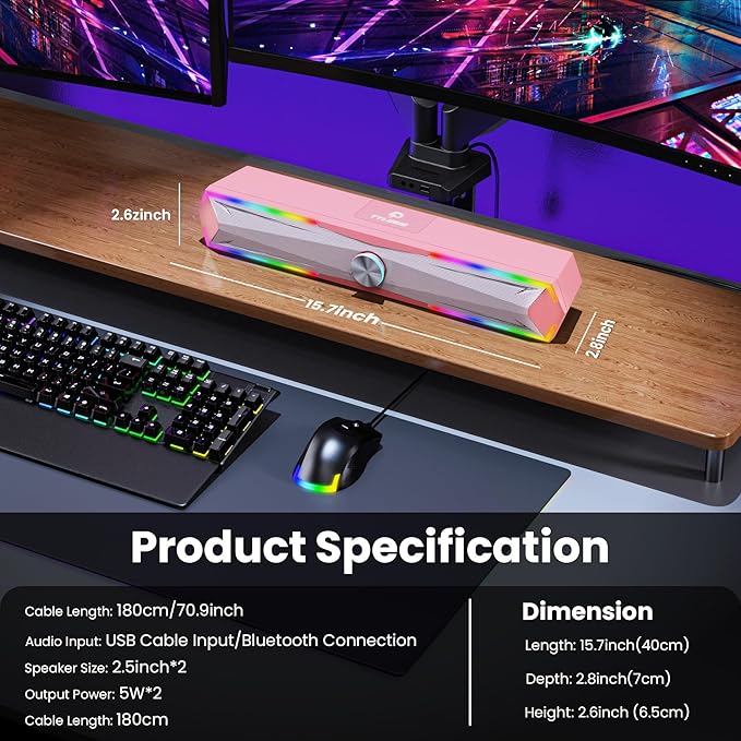 Computer Speakers for Pc Desktop with Clear Sound, Flowing LED PC Speaker for Computer Desktop Laptop Monitor, Bluetooth & USB Input - Pink