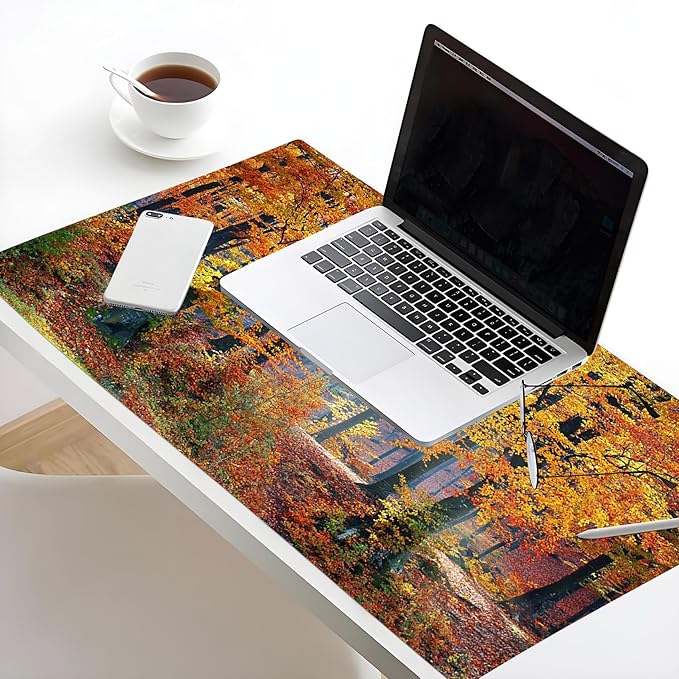 HVEST Fall Forest Gaming Mouse Pad, Autumn Nature Landscape Desk Mat XL, Orange Large Keyboard and Mouse Pad with Non-Slip Rubber Base and Stitched Edge for Game, Office, Home 31.5'' x 15.7''