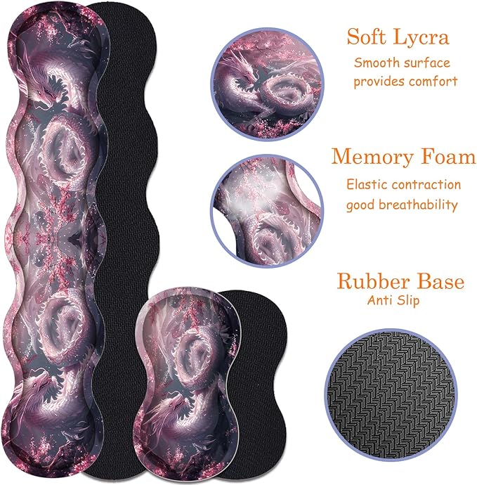 Large Gaming Mouse Pad + Keyboard Wrist Rest + Wrist Support + Coaster Set, Memory Foam Ergonomic for Easy Typing, XXL Extended Gaming Mouse Pad Table Pad - Cherry Pink Dragon