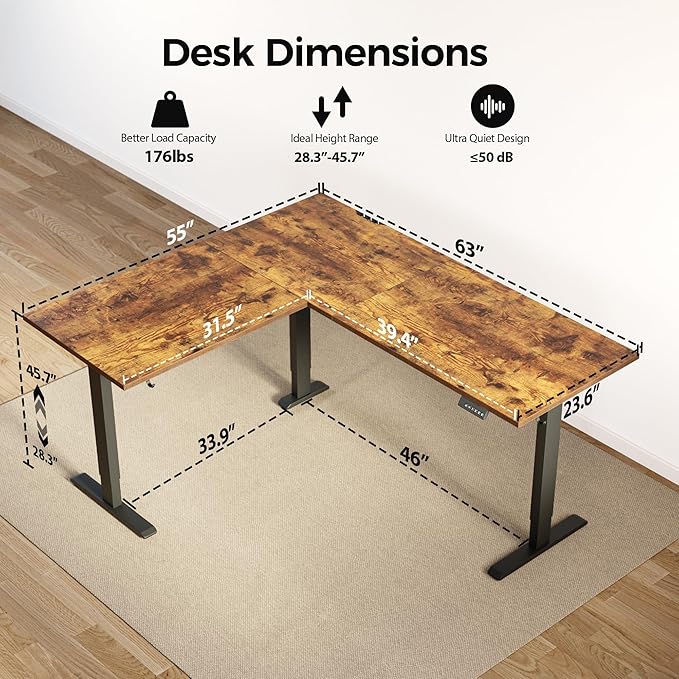 Agilestic L Shaped Standing Desk 63 x 55 Inch, Electric Height Adjustable Corner Sit Stand Desk with Memory Preset Controller, Large L Shaped Computer Desk for Home Office Workstation, Vintage Brown