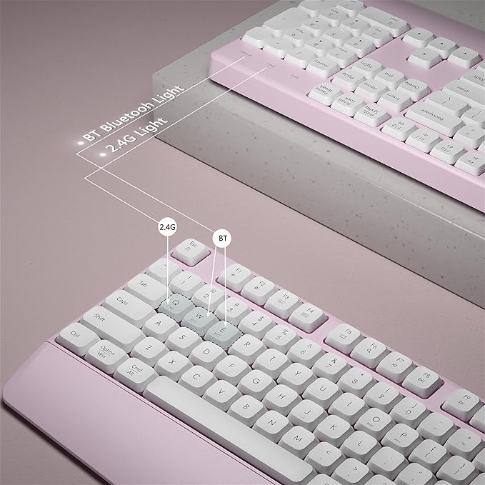 Wireless Bluetooth Keyboard, Ergonomic Wireless Keyboard with Wrist Rest, 2.4GHz & Bluetooth Dual-Mode Compatibility for PC, Laptop, Windows, Mac, and More (White Pink)