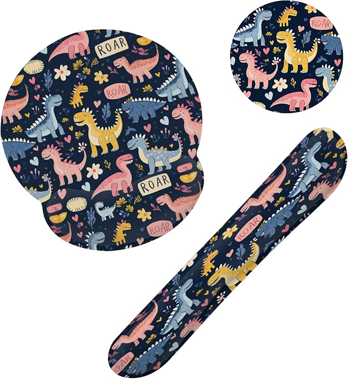 Cute Dinosaur Mouse Pad with Wrist Rest Set, 3-in-1 Wrist Support Mousepad Set, Gaming Mat Pad with Anti-Skid Base,Ergonomic Memory Foam Mouse Pad Set for Women, Office, Typing, Gaming