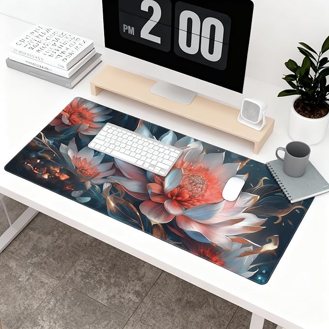 Floral Aesthetic Lotus Gaming Mouse Pad, Ink Blue Red Cyber Desk Mat with Anti-Slip Base & Stitched Edges,35.4" x 15.7" in Table Mat for Computer Desktop, Beautiful Workstation Decor
