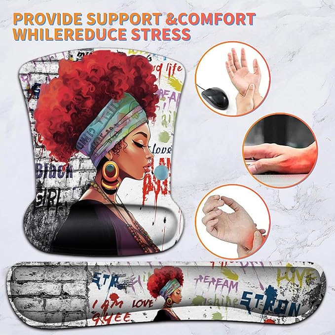 Keyboard Wrist Rest Pad and Ergonomic Mouse Pad Wrist Support Set African Woman Graffiti Girls with Red Hair for Gaming, Office, Comfortable and Pain Relief with Coaster Set