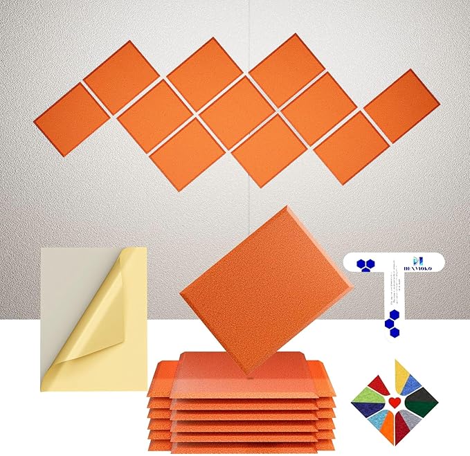 Self-Adhesive Acoustic Panels [390 lbs/yd³ Ultra-High Density], 2nd Generation Sound Absorbing Panel, Professional Level Sound Panel, Polyester Soundproof Foam [Rectangle, Orange]
