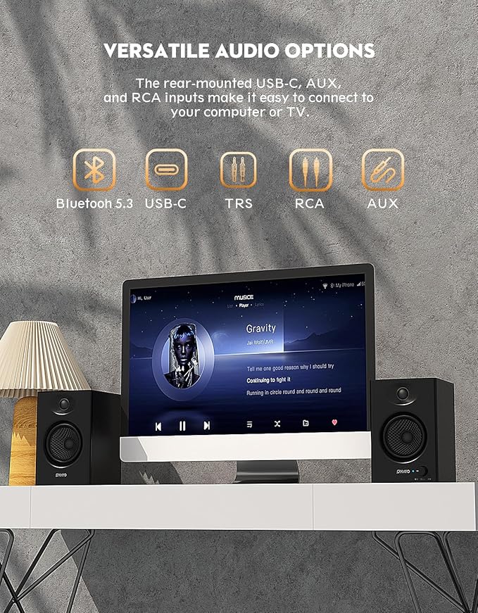 OHAYO 60W Computer Speakers for Music and Gaming, Active Bluetooth 5.3, Stereo 2.0 Speakers for Desktop PC or Laptop, 3.5mm Aux RCA USB Input, 1 Pair, Black