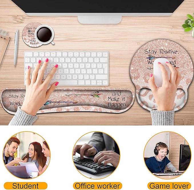 Keyboard Wrist Rest and Mouse Pad with Wrist Support, Ergonomic Gel Mouse Pad Coaster Easy Typing Pain Relief,Memory Foam Keyboard Mousepad Set,Stay Positive Work Hard and Make It Happen Leopard