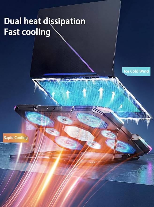 8-Fan Laptop Cooling Pad with Thermoelectric Cooler, 5-Speed Independent Control, 10 RGB Lights, 7-Height Adjustable Metal Panel Laptop Cooler, for 15.6-21 Inch Gaming Laptops