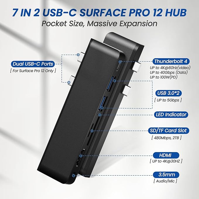 Surface Pro 12 Docking Station Hub, Surface Pro 12 Accessories with 4K HDMI, USB-C Thunerbolt 4 (4K60Hz Video+Data+100W PD), 3.5mm Audio, SD/TF, 2*USB 3.0 Hub for Microsoft Surface Pro 12 inch 2025
