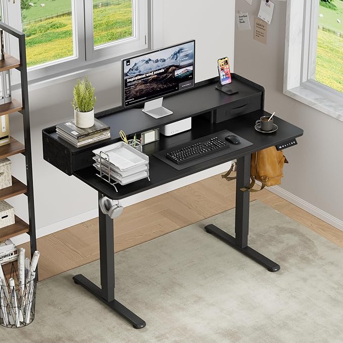 Furmax Electric Standing Desk with Drawers, Stand Up Desk with Storage Shelf Height Adjustable Computer Desk with Organizer for Home Office Ergonomic (Black, 48 Inch)