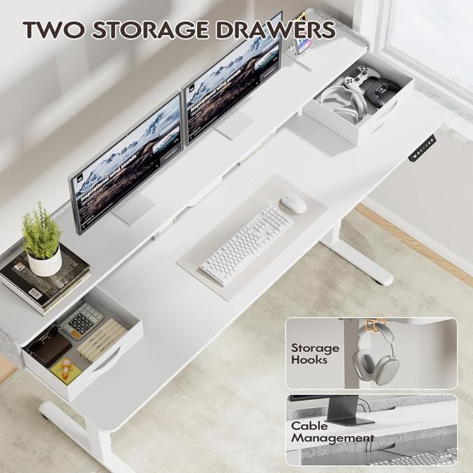 Furmax Electric Standing Desk with Drawers, Stand Up Desk with Storage Shelf Height Adjustable Computer Desk with Organizer for Home Office Ergonomic(White, 63 Inch)