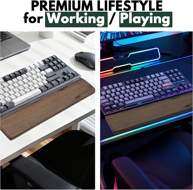 Premium Walnut Wooden Wrist Rest for Tenkeyless Keyboard, Ergonomic Curve & Easy Maintenance Wood Design Hand Rest for 75% 80% Keyboard (14.2" L)