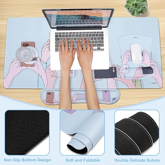 MEGREZ 4-in-1 Ergonomic Memory Foam Wrist Rest Set, Desk Pad, Mouse Pad with Wrist Rest, Keyboard Pad, Suitable for Office Workers, Programmers & Gamers–Relieve Typing & Gaming Fatigue,