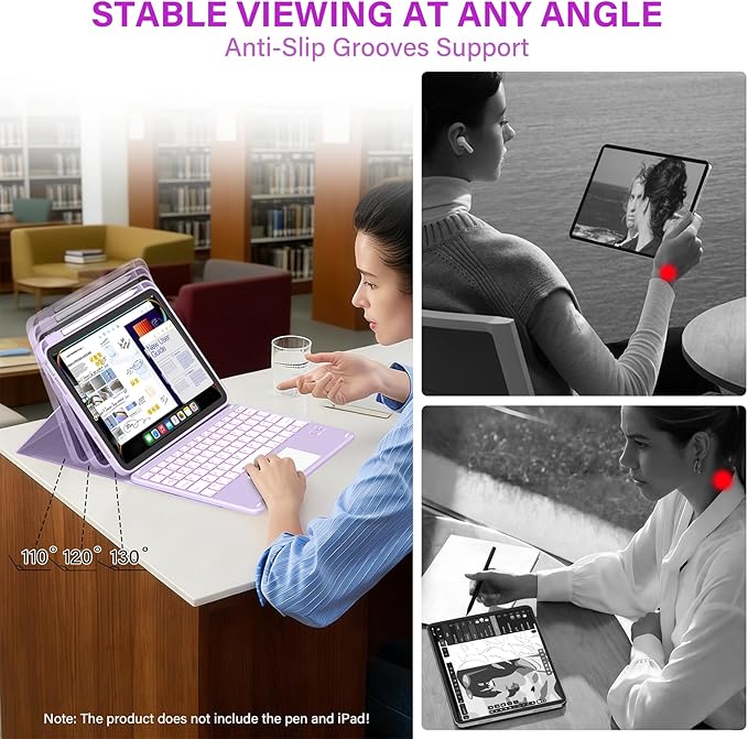 for iPad A16 11th 10th Case with Keyboard: Backlit Keyboard Case with Trackpad & Pencil Holder, Magnetic Detachable for Students Daily Learning & Note-Taking, Taro Purple