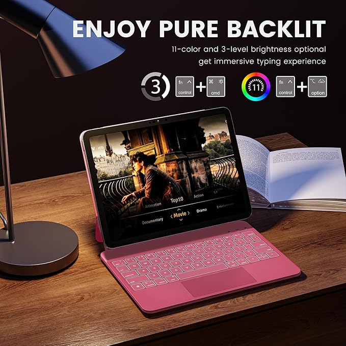 for iPad 11th(A16, 2025)/10th Generation Case with Keyboard, Magic Keyboard 2022, Springy Backlit Keys, Stain-Resistant Surface, Multi-Touch Trackpad, Hot Pink