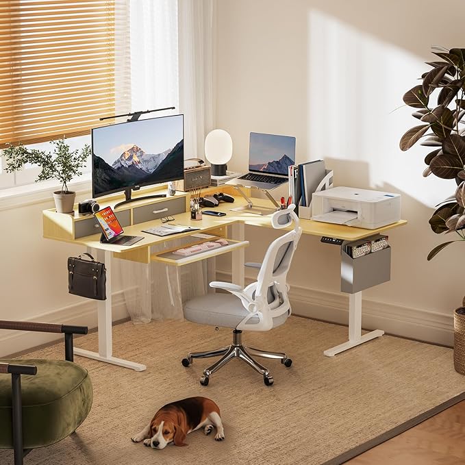 63 Inches Height Adjustable L Shaped Standing Desk with 2 Drawers and Keyboard Tray, Electric Sit to Stand Home Office Comupter Table, Ergonomic Corner Gaming Desk, Oak