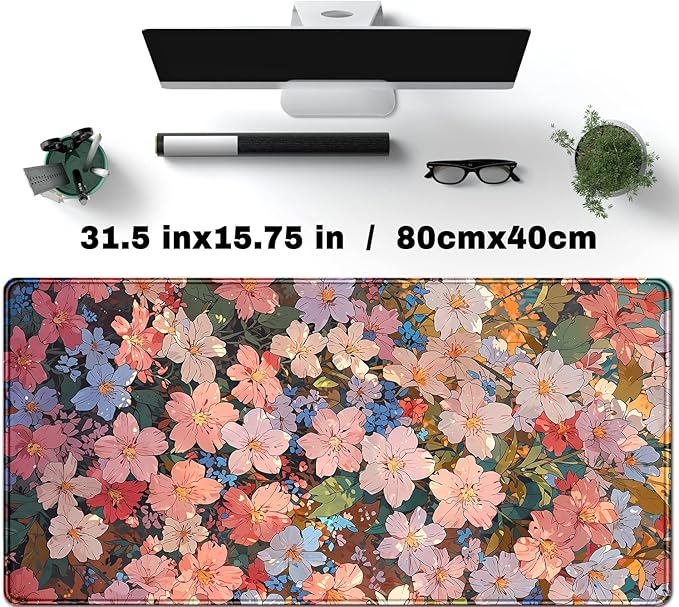 Floral Desk Mat for Women, Pastel Aesthetic Large Mouse Pad, XXL Desk Pad, Non-Slip Gaming Pad for Study Office Cubicle Decor 31.5x15.7in