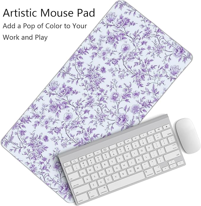 Purple Chinoiserie Mouse Pad,Vintage Purple and White Floral Desk Mat,XL Large Vintage Flowers Preppy Mouse Pad,Girly Laptop Desk Mat for Dorm Home Office,23.6x11.8 Inch