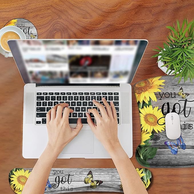 Ergonomic Mouse Pad, Mouse Wrist Rest Pad + Keyboard Wrist Rest Pad + Coaster, Made of Memory Foam, Easy to Use and Relieve Wrist Pain, Computer, Games, Office, Home - You Got This and Sunflower
