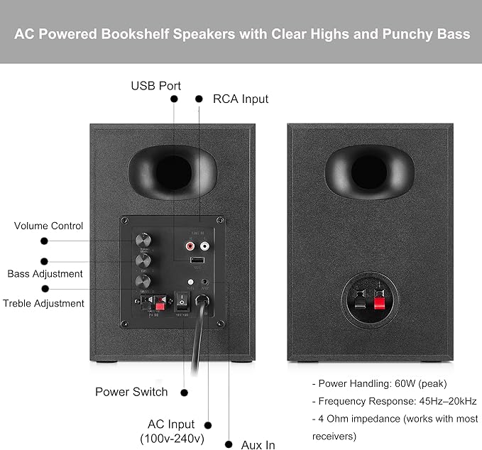 Bookshelf Speakers for Studio Monitors, 80W Peak Output HiFi Gaming Speakers, 4" Desktop Audio System for TV, Laptop, Record Player, Gifts, Black Pair