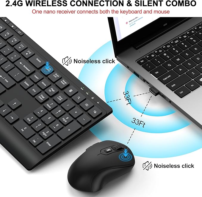 Wireless Keyboard and Mouse Combo, Full Size Quiet Key Computer Keyboard and Cordless Mice with 3 DPI Adjustable, 2.4G Lag-Free, Long Battery Life, Compatible with Windows and Mac Systems