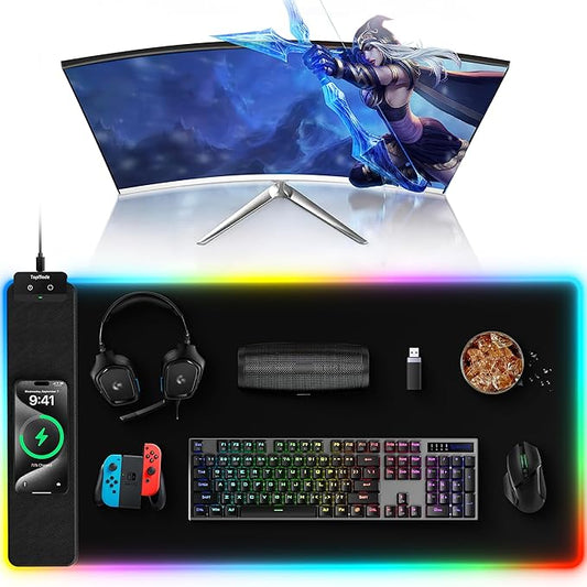 TopMade Mouse Pad with Wireless Charging, 31.5" x 15.75" Large Desk Mat RGB Gaming Mousepad, LED Desk Pad Keyboard Pad with Ultra-Smooth Surface & Non-Slip Rubber Base, Waterproof Desk Pad