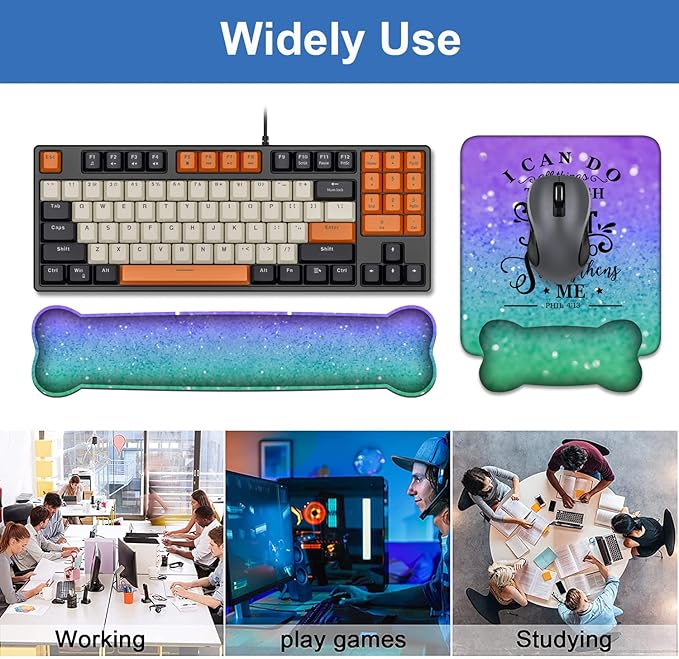 Wrist Rest Support Ergonomic Gel Mouse Pad & Memory Foam Keyboard Set, Non-Slip Rubber PU Base for Home Office Working Studying Easy Typing & Pain Relief, Quote Bible Verse Phil 4:13