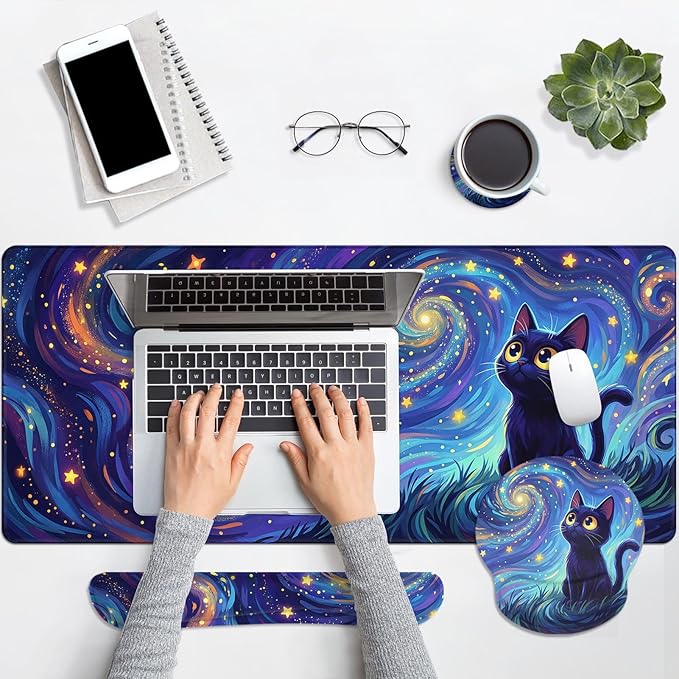 Arttown Cat Star Celestial Desk Mat Galaxy Whimsical Mouse Pad Set 4 in 1 Ergonomic Design Large Mouse Pad + Keyboard Wrist Rest + Mouse Wrist Rest + Coaster Suitable for Home Office Study Game