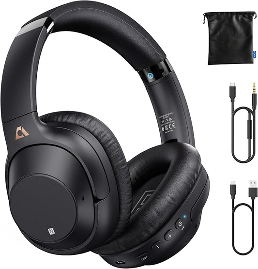 Bluetooth 5.2 Hybrid Active Noise Cancelling Headphones for Airplane Travel, 90H Playtime Wired and Wireless Over Ear ANC Headset for Adults, Android, Home Office