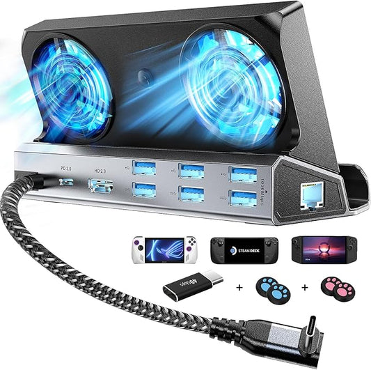 12-in-1 Steam Deck Docking Station for Steam Deck/Rog Ally/Switch/Legion Go Dual Cooling Fans 4K@60Hz,6 USB Ports,1000Mbps,Type C 100W PD 40Gbps Adapter