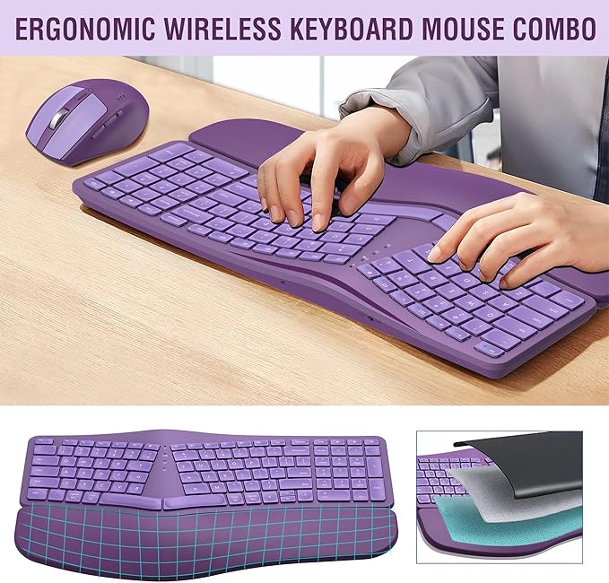 MK960 Ergonomic Wireless Keyboard Mouse Combo, Bluetooth/2.4G Split Design Keyboard with Palm Rest and 4 Level DPI Adjustable Wireless Mouse Multi-Device, Rechargeable, for Windows/Mac/Android(Purple)