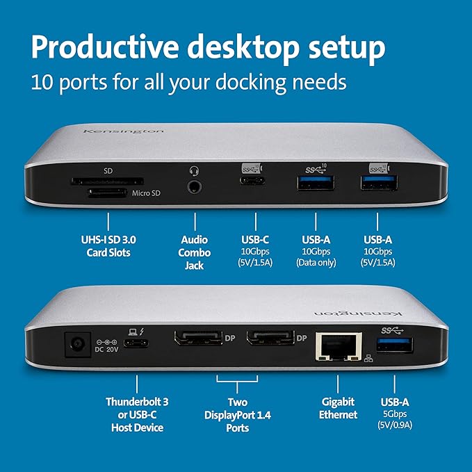 Kensington SD2480T Thunderbolt 3 and USB-C Dual 4K Docking Station with 60W PD, SD & Micro SD Card Reader, for Windows and MacBooks (K38410NA)