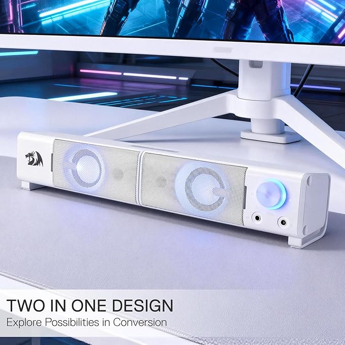 Redragon GS550 PC Gaming Speakers, 2.0 Channel Desktop Computer Sound Bar with Compact Maneuverable Size, Headphone Jack, Quality Bass & Decent Red Backlit, USB Powered w/ 3.5mm Cable, White