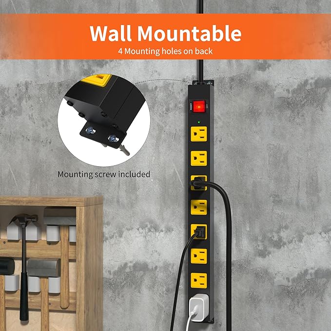 8 Outlet Long Power Strip, 2Pack 2100J Surge Protector Heavy Duty 6FT Cord Wide Spaced and Wall Mount Metal Powerstrip for Home Office Garage Workshop