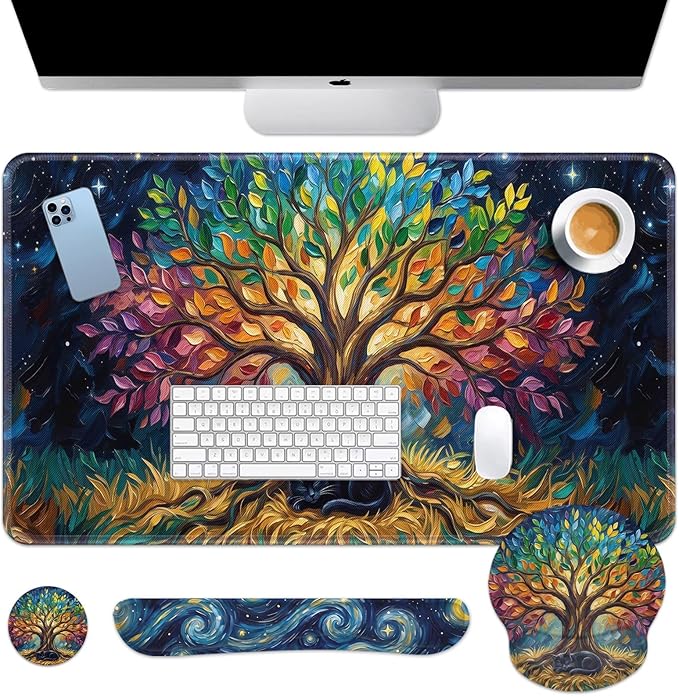 Arttown Tree Cat Colorful Desk Mat Starry Oilpainting Mouse Pad Set 4 in 1 Ergonomic Design Large Mouse Pad + Keyboard Wrist Rest + Mouse Wrist Rest + Coaster Suitable for Home Office Study Game